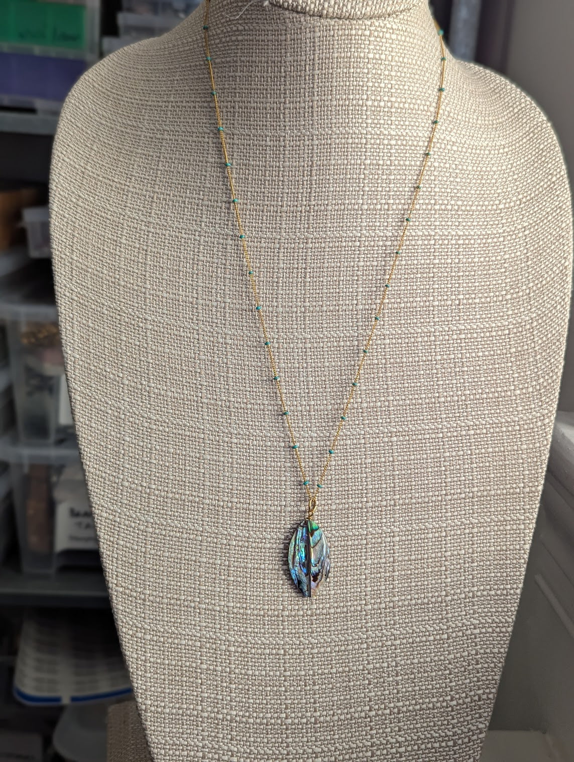 Abalone Shell Long Chain with Turquoise Accent Necklace (Silver or Gold)