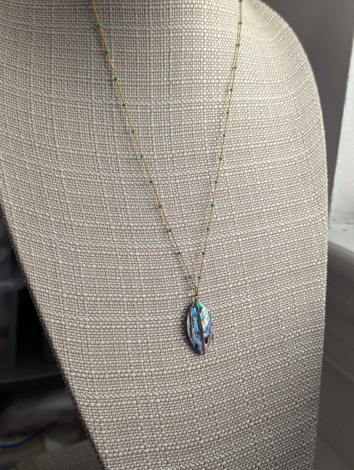 Abalone Shell Long Chain with Turquoise Accent Necklace (Silver or Gold)