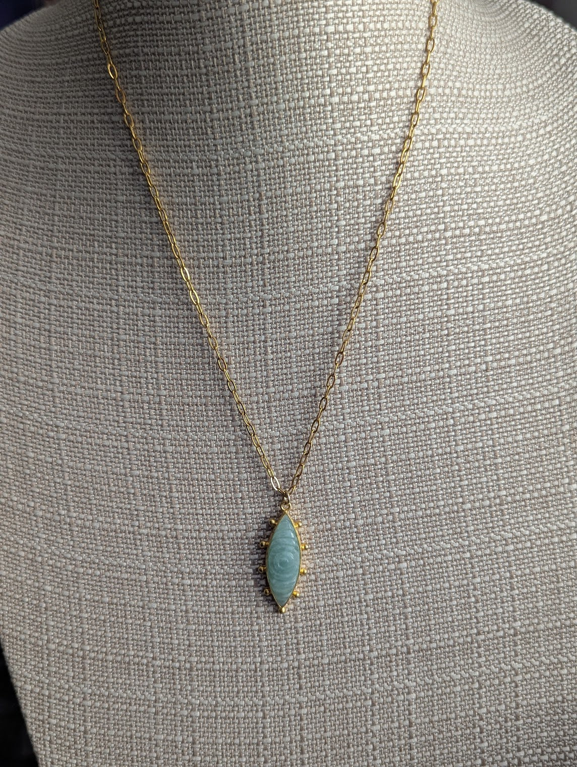 Amazonite Carved Evil Eye Gold Necklace