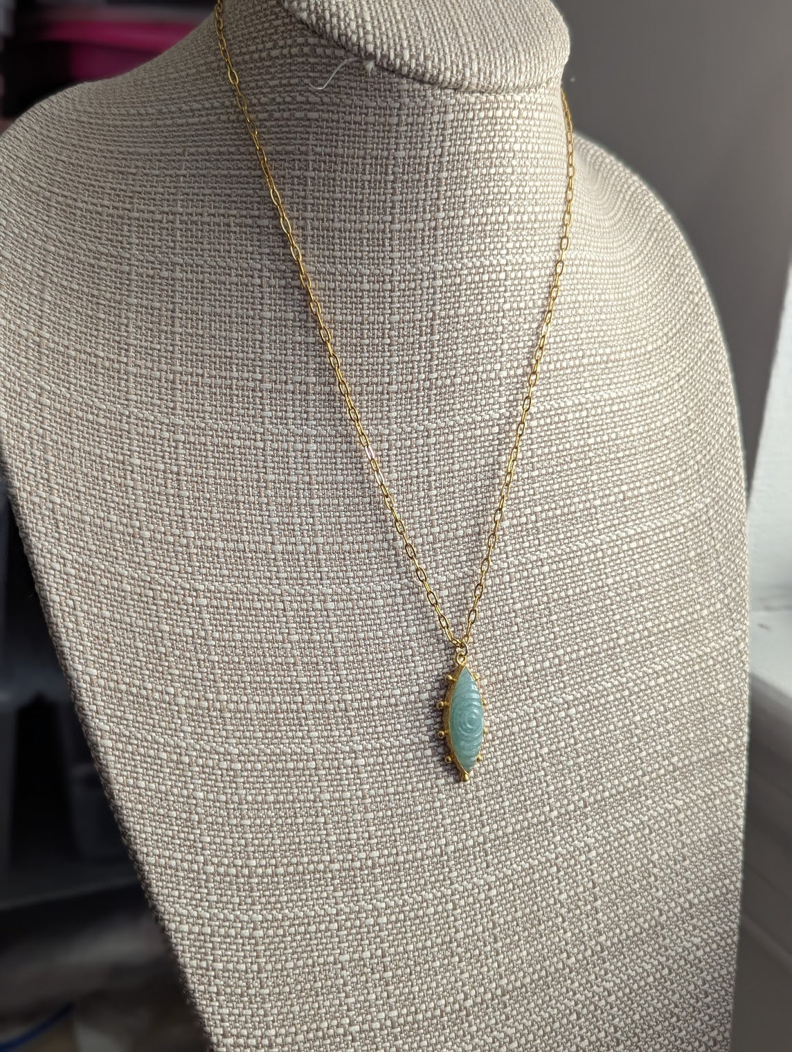 Amazonite Carved Evil Eye Gold Necklace