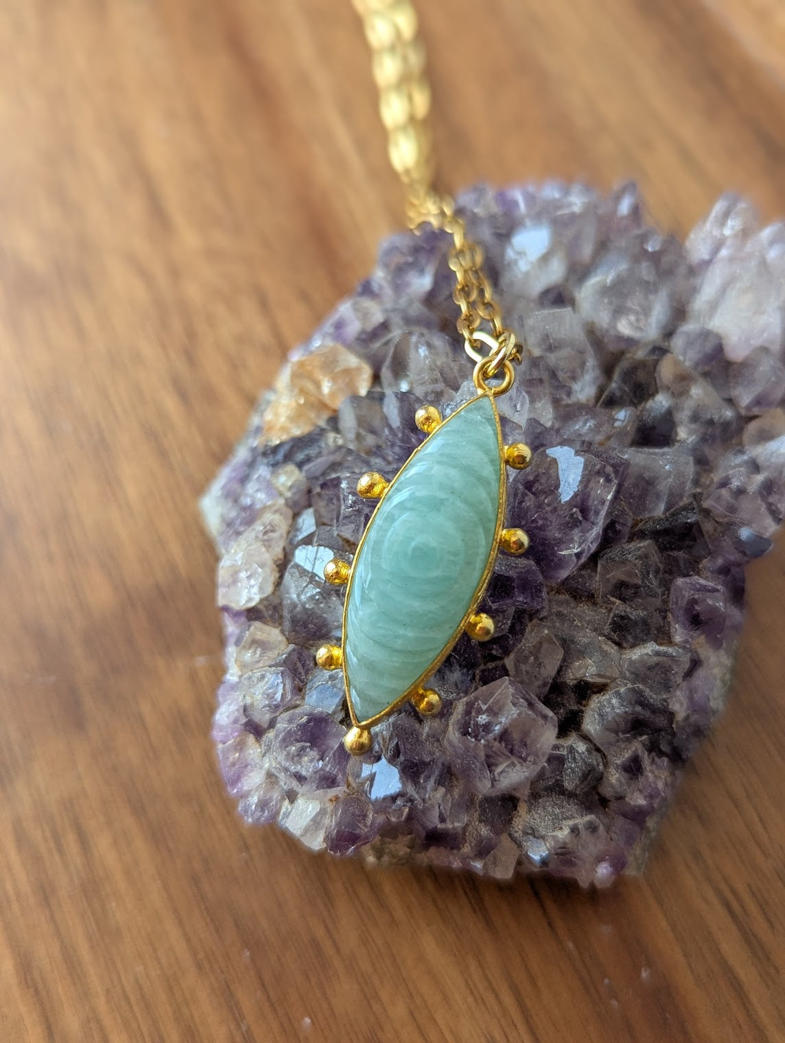 Amazonite Carved Evil Eye Gold Necklace