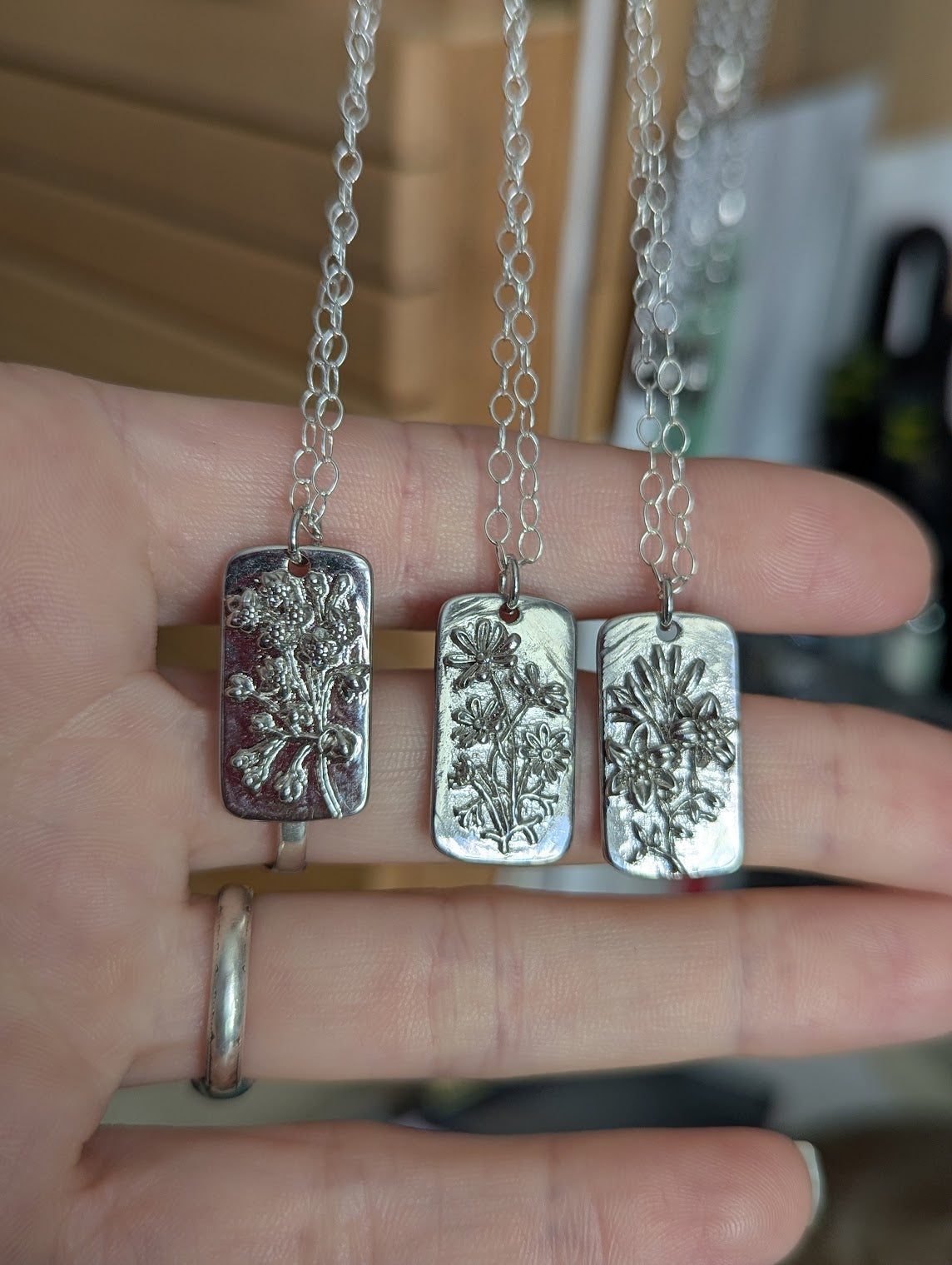 Floral Dog Tag Sterling Silver Necklace (Various Flowers Available)