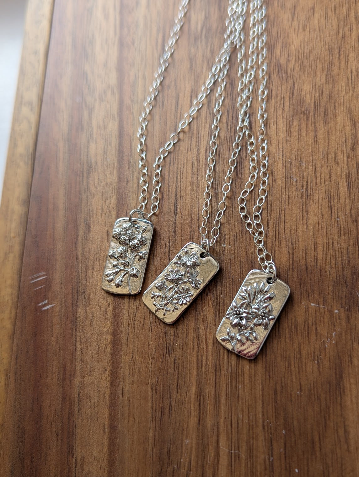 Floral Dog Tag Sterling Silver Necklace (Various Flowers Available)