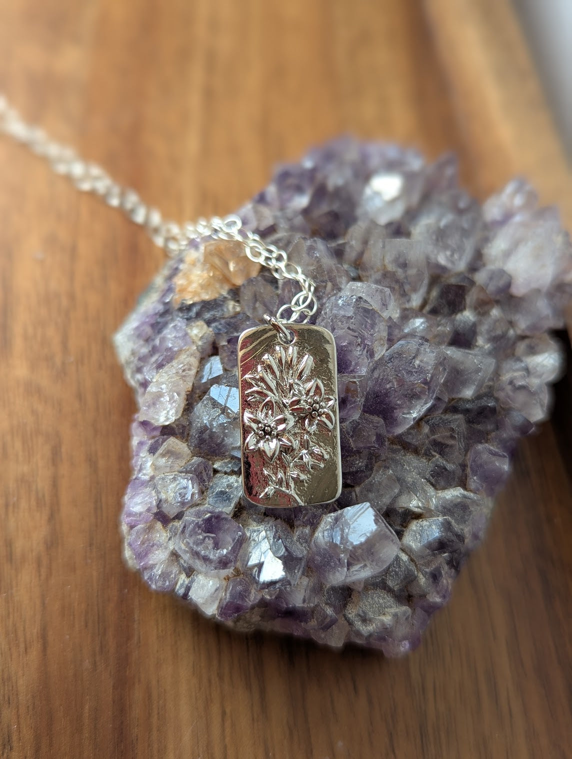 Floral Dog Tag Sterling Silver Necklace (Various Flowers Available)