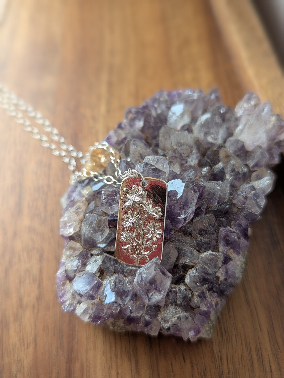 Floral Dog Tag Sterling Silver Necklace (Various Flowers Available)