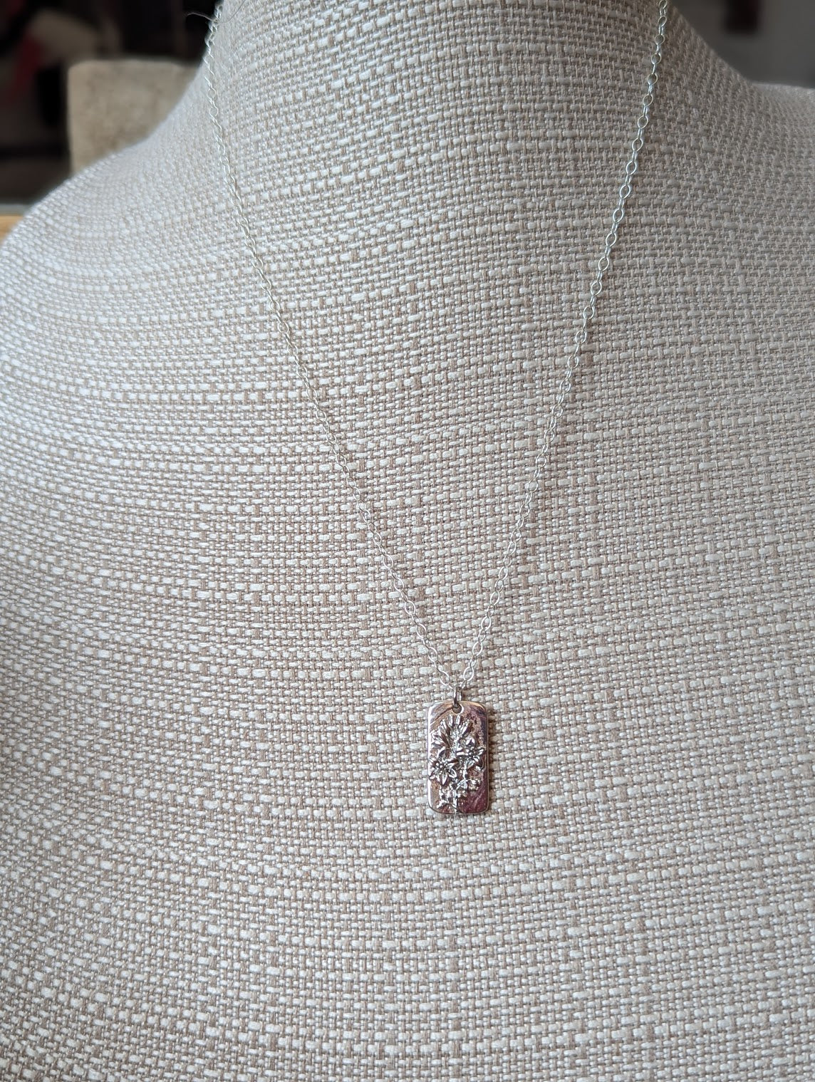 Floral Dog Tag Sterling Silver Necklace (Various Flowers Available)