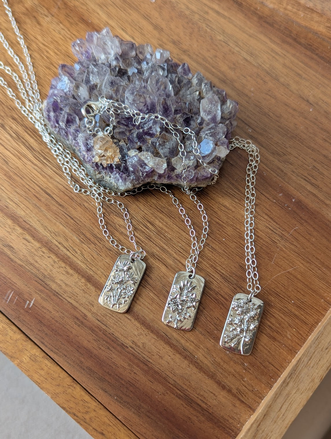 Floral Dog Tag Sterling Silver Necklace (Various Flowers Available)
