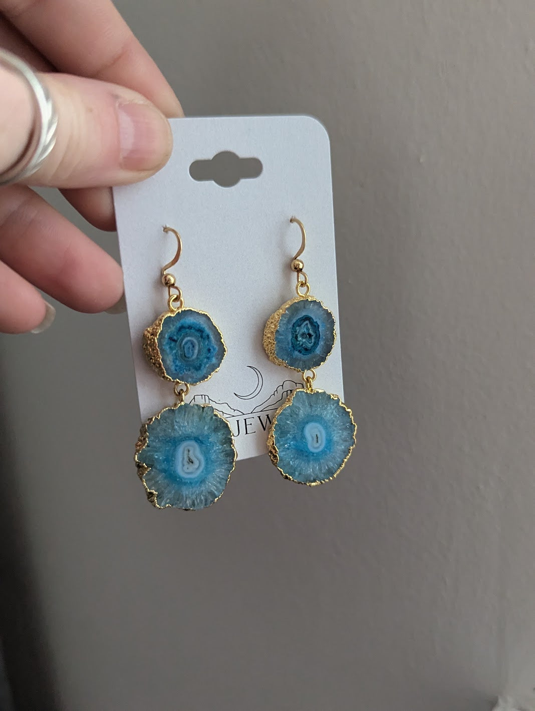 Aqua Blue Agate Slice Duo Gold Earrings