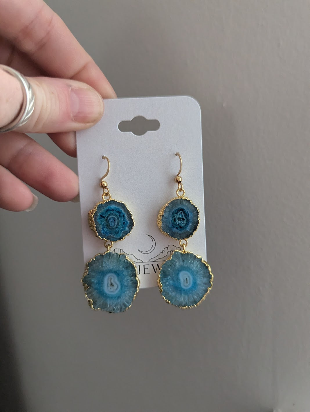 Aqua Blue Agate Slice Duo Gold Earrings