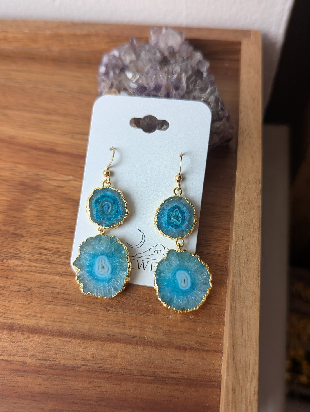 Aqua Blue Agate Slice Duo Gold Earrings