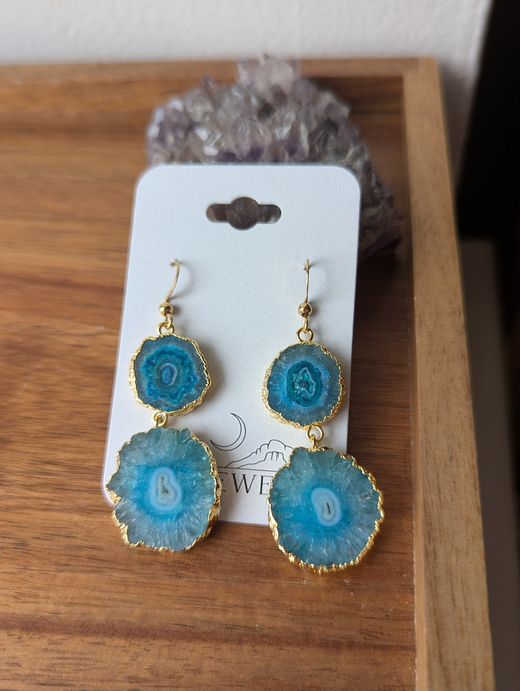 Aqua Blue Agate Slice Duo Gold Earrings