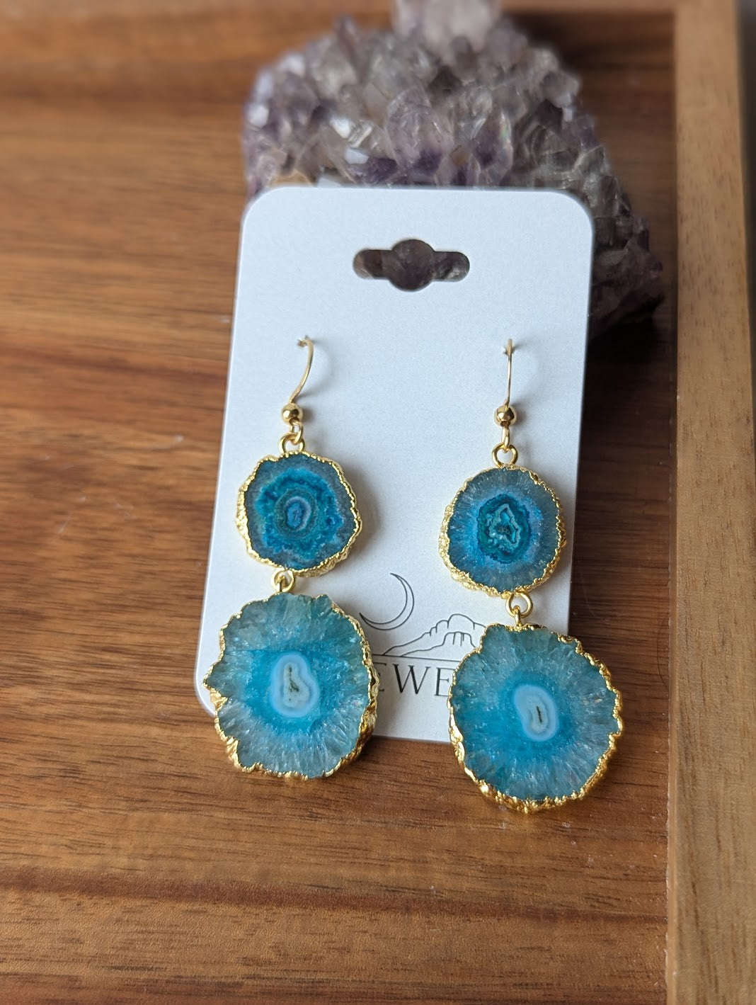 Aqua Blue Agate Slice Duo Gold Earrings
