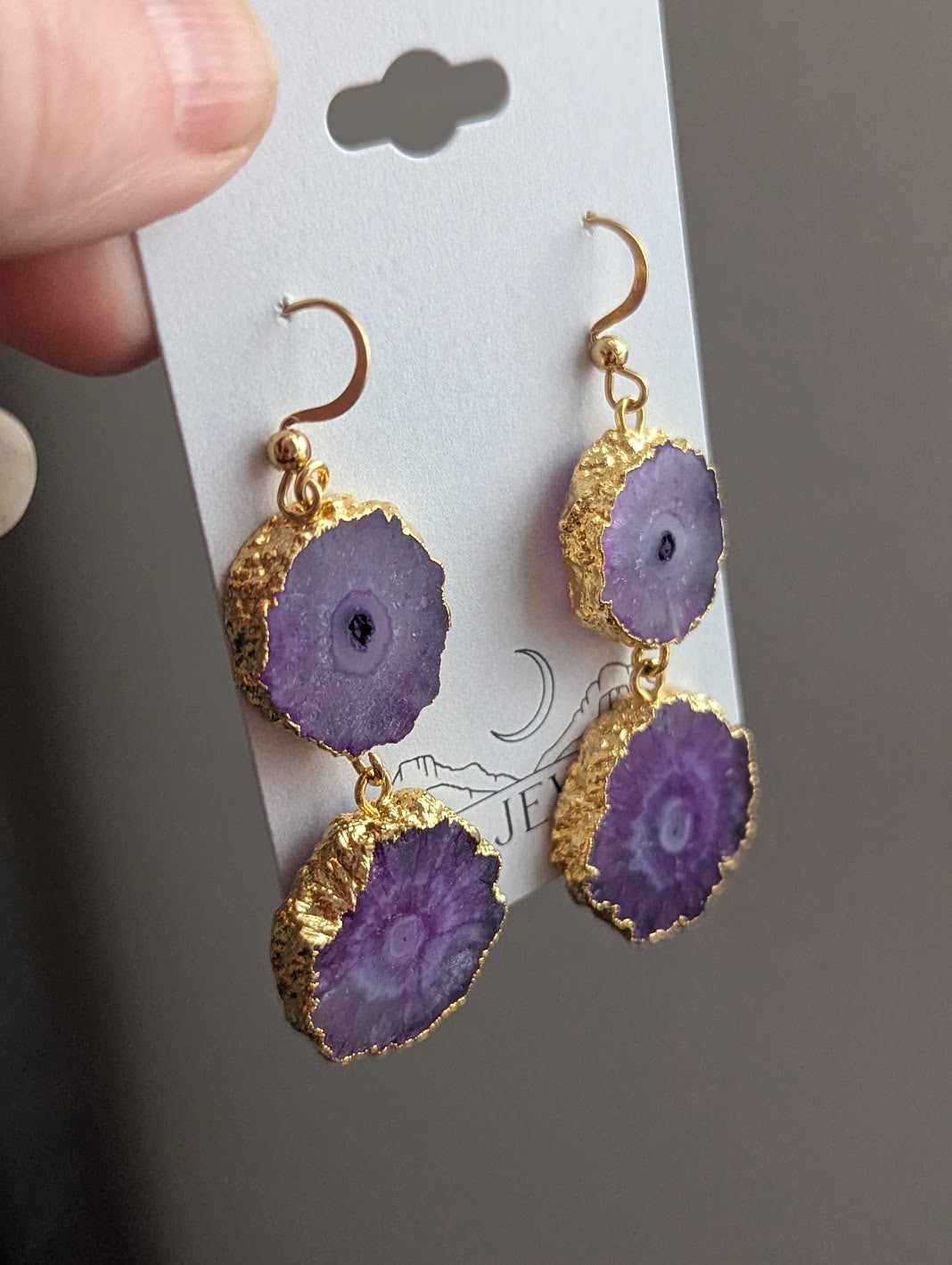 Purple Agate Slice Duo Gold Earrings