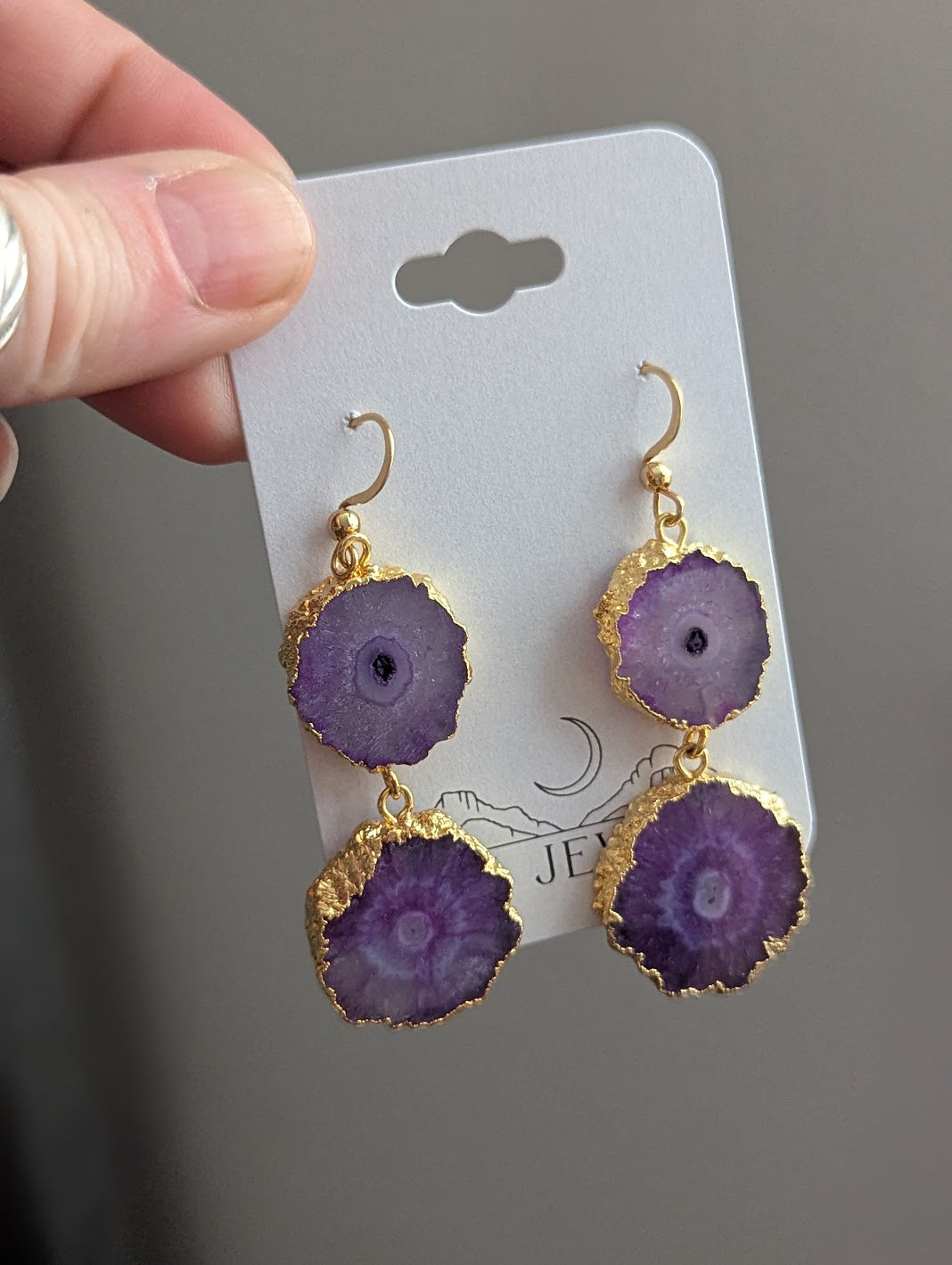 Purple Agate Slice Duo Gold Earrings