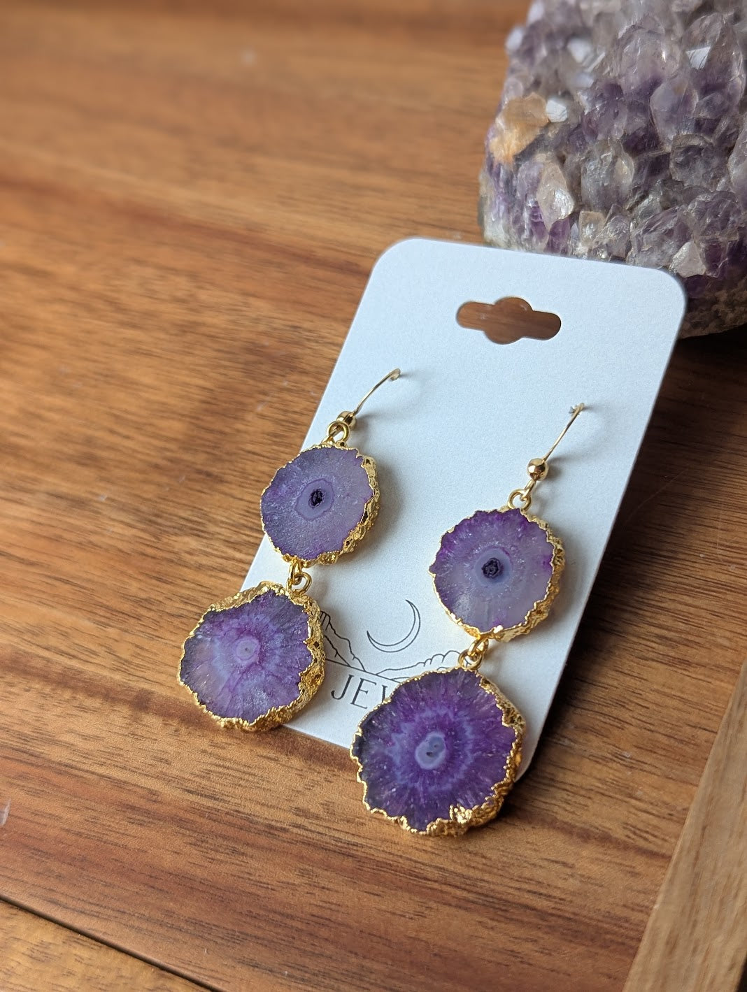 Purple Agate Slice Duo Gold Earrings