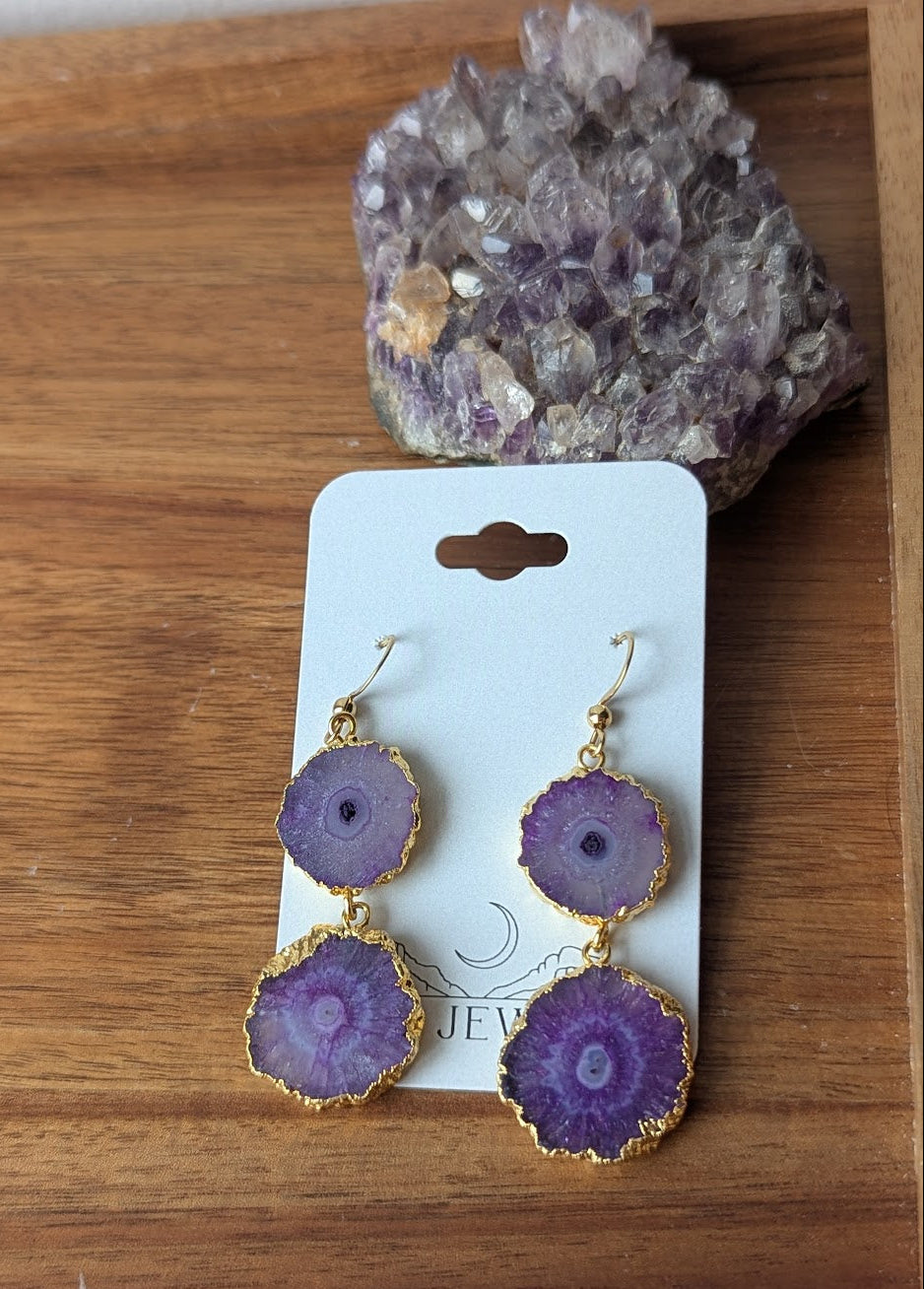 Purple Agate Slice Duo Gold Earrings