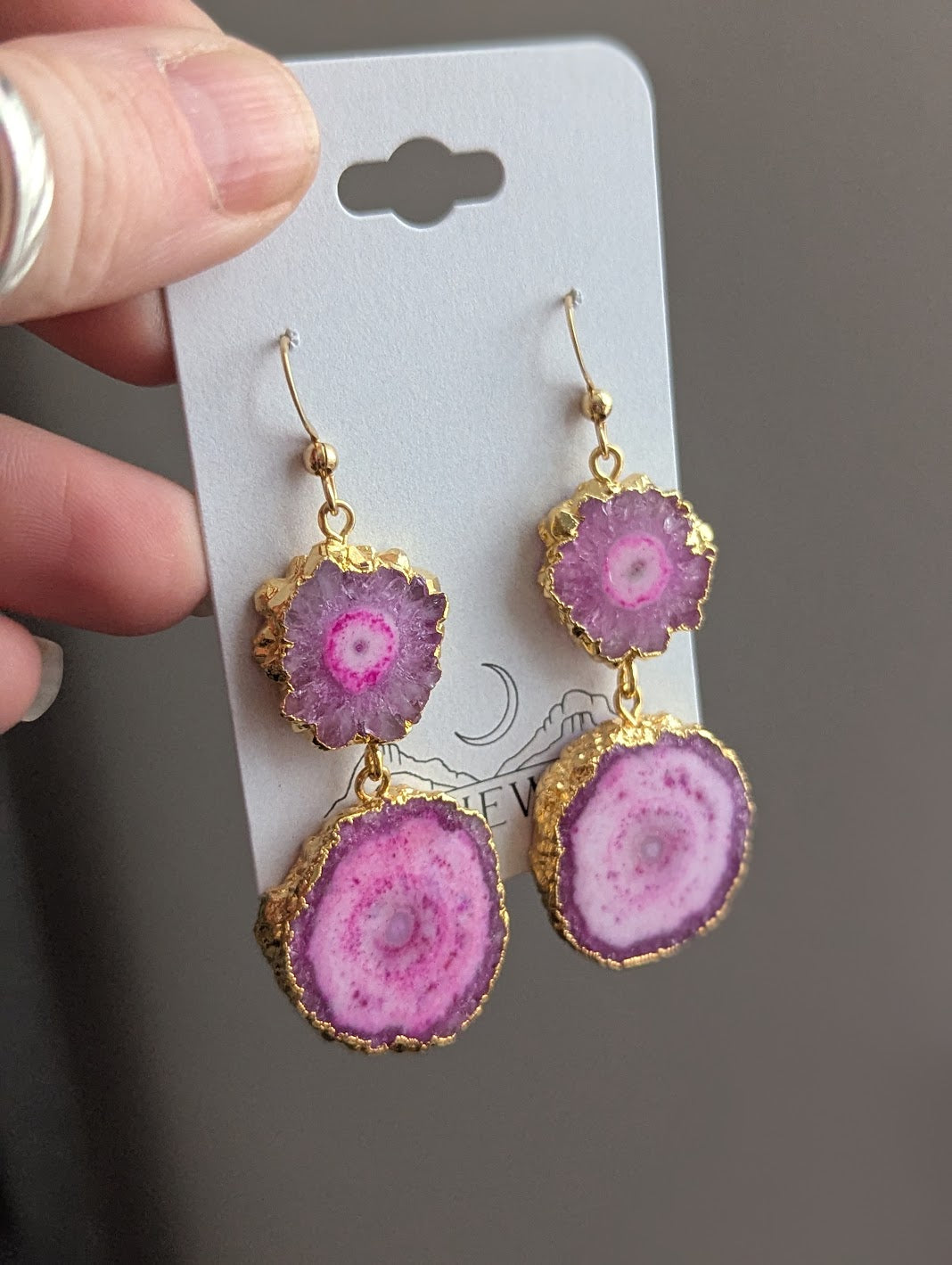 Hot Pink Agate Slice Duo Gold Earrings