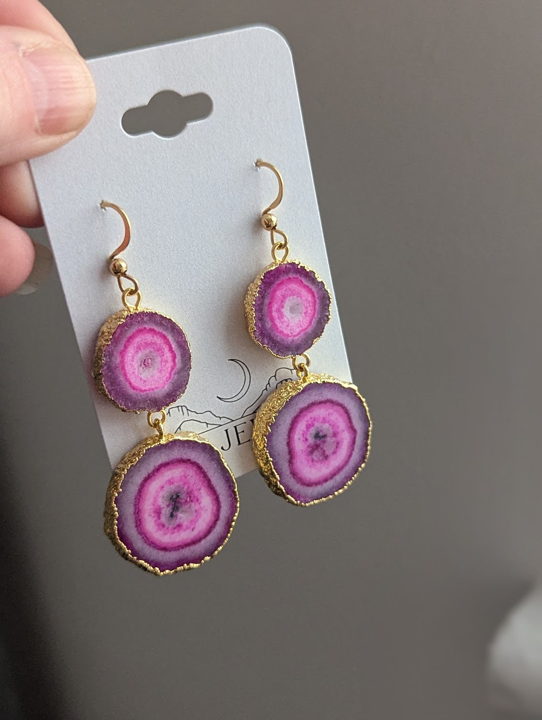Hot Pink Agate Slice Duo Gold Earrings