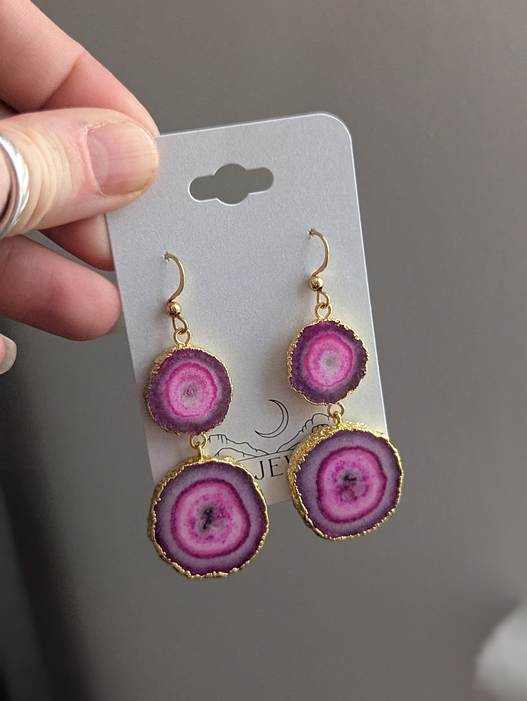 Hot Pink Agate Slice Duo Gold Earrings