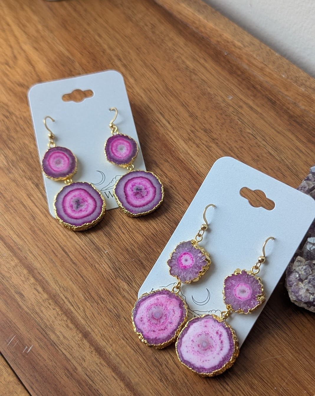 Hot Pink Agate Slice Duo Gold Earrings