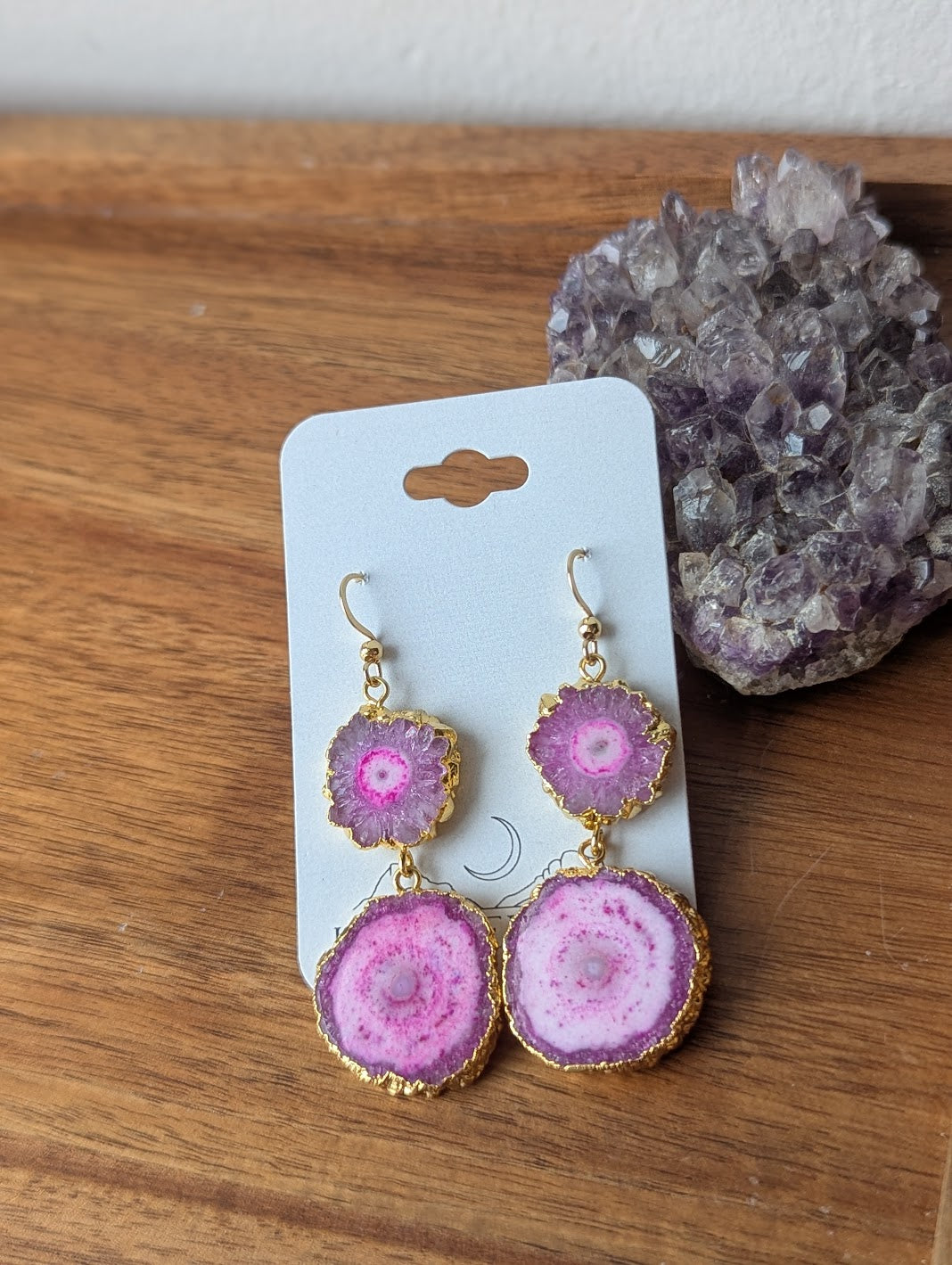 Hot Pink Agate Slice Duo Gold Earrings