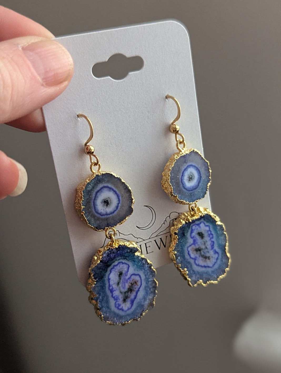 Blue Agate Slice Duo Gold Earrings