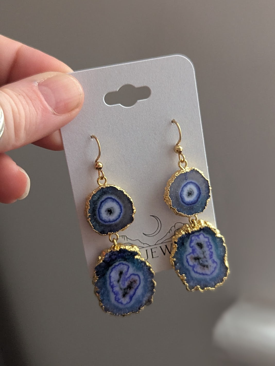 Blue Agate Slice Duo Gold Earrings