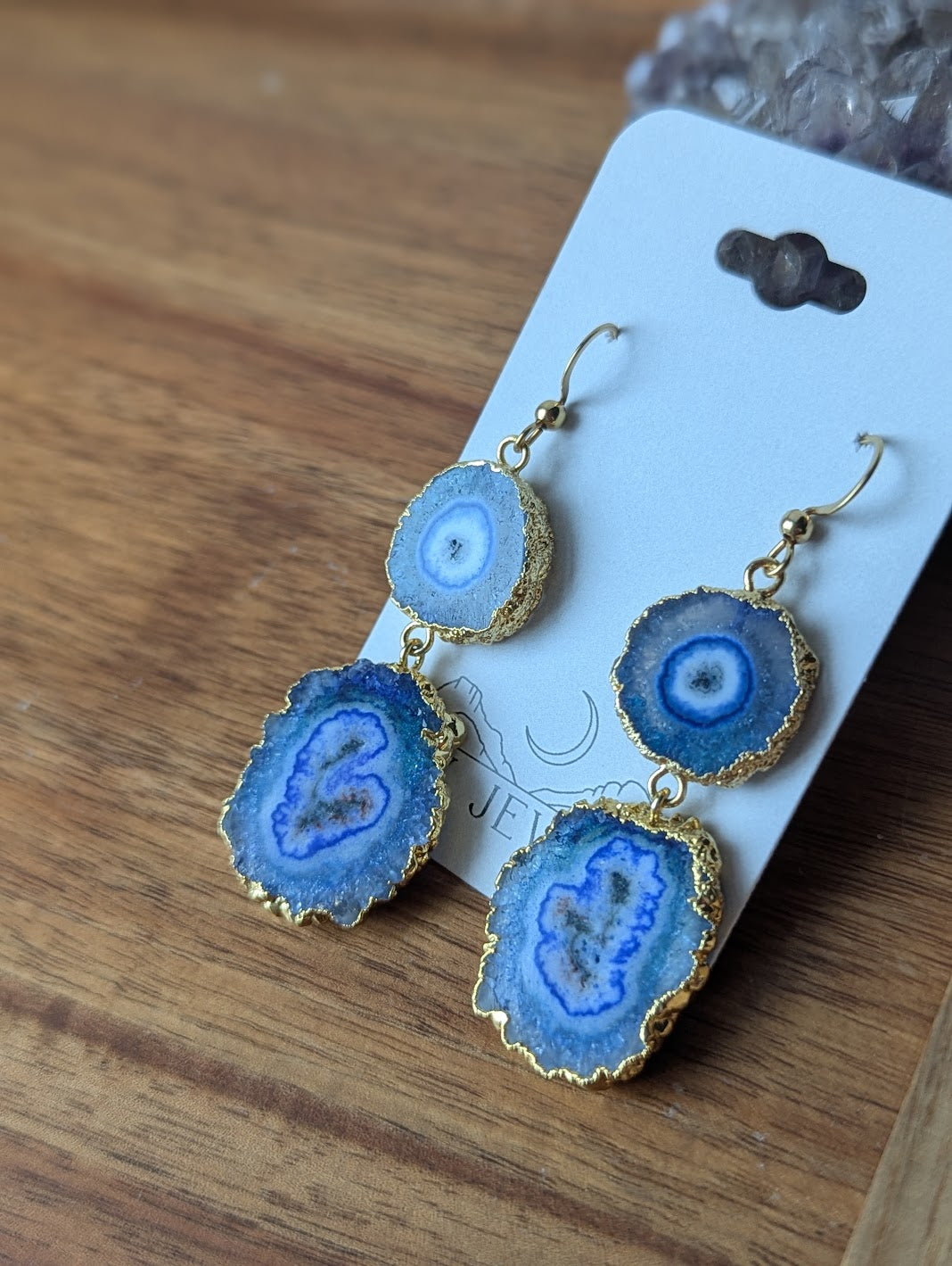 Blue Agate Slice Duo Gold Earrings