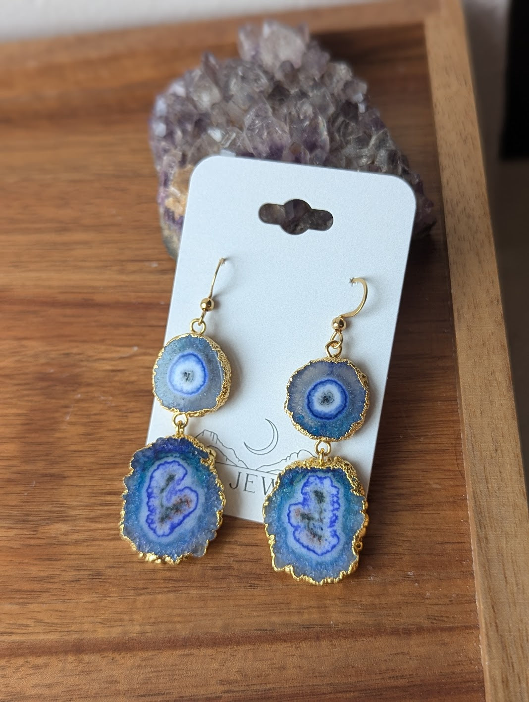 Blue Agate Slice Duo Gold Earrings