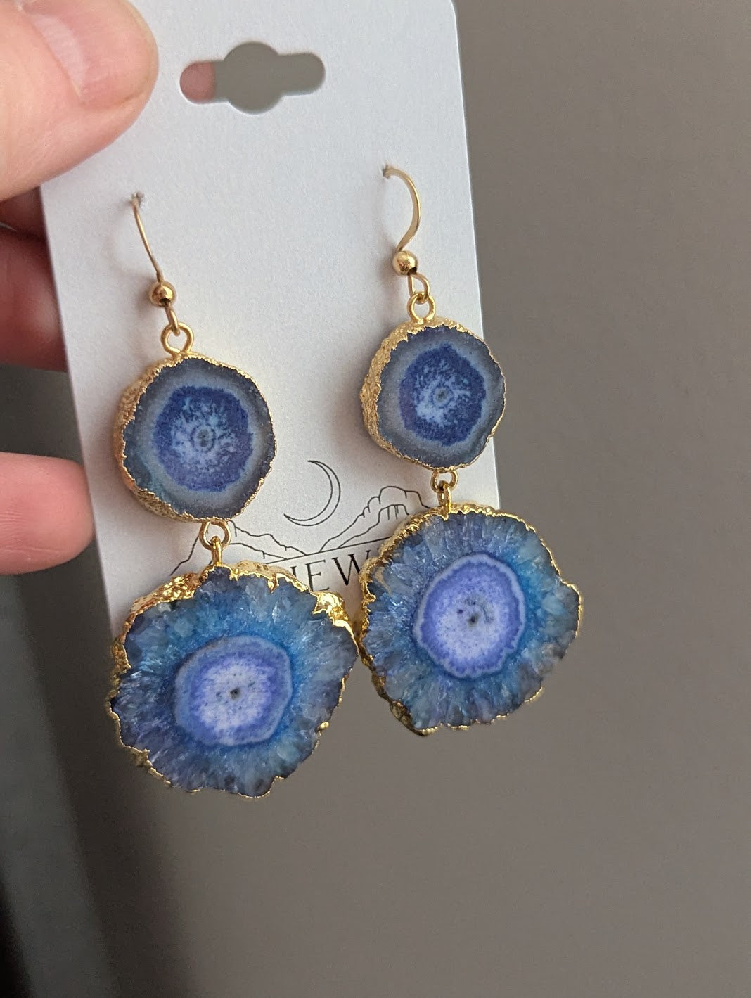 Blue Agate Slice Duo Gold Earrings