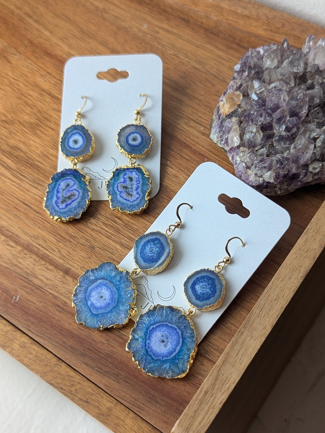 Blue Agate Slice Duo Gold Earrings