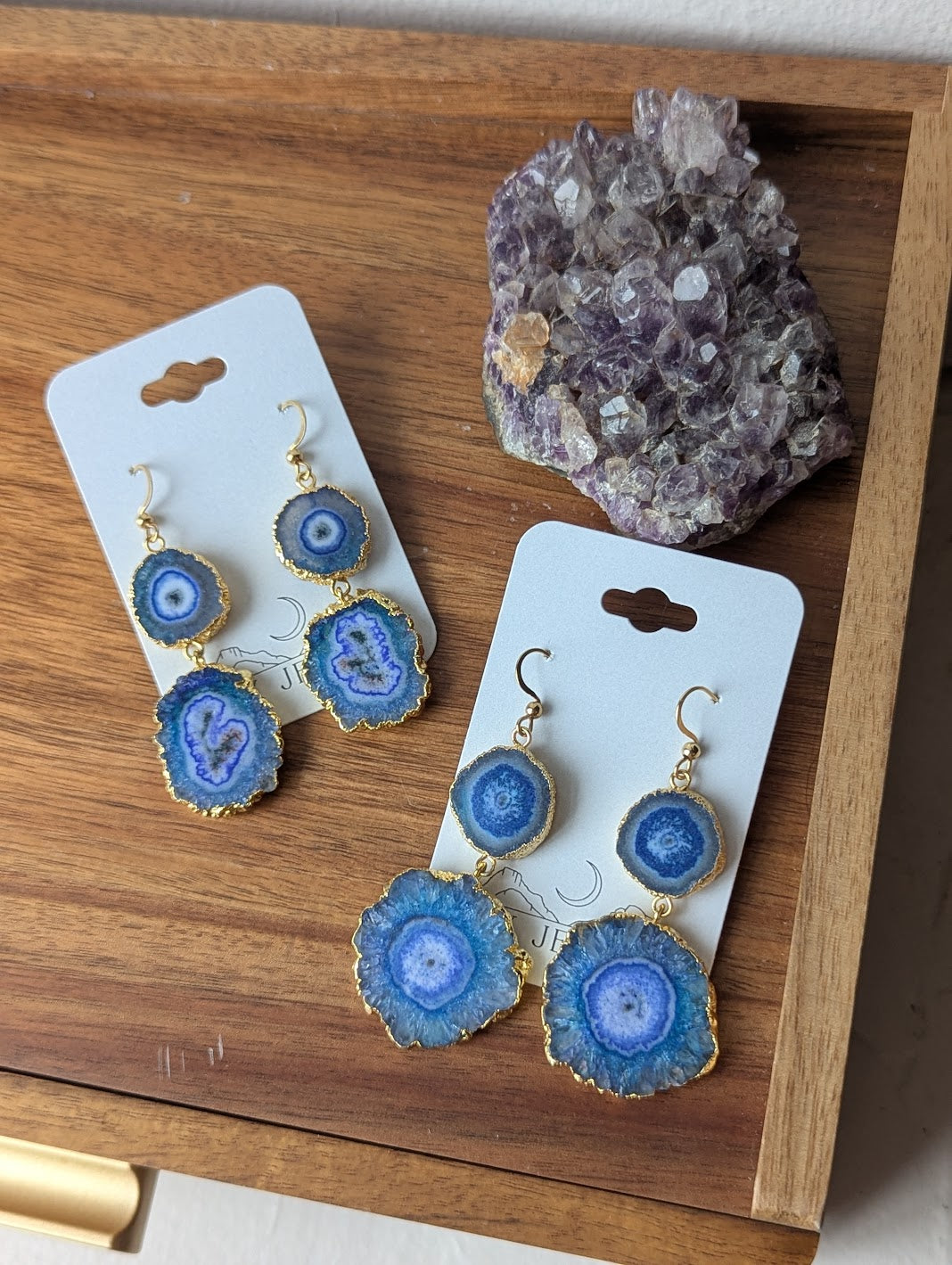 Blue Agate Slice Duo Gold Earrings