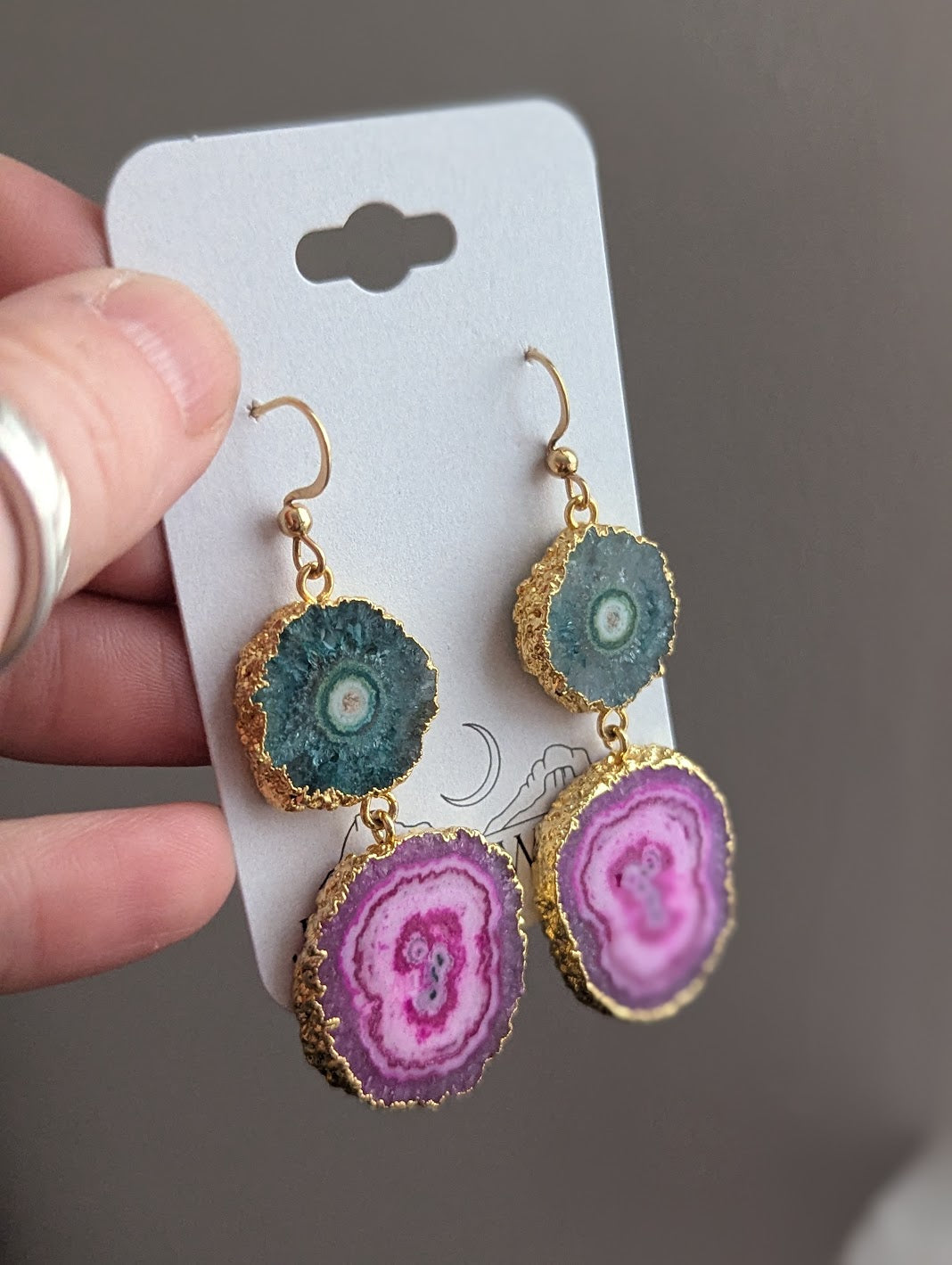 Green and Hot Pink Agate Slice Duo Gold Earrings