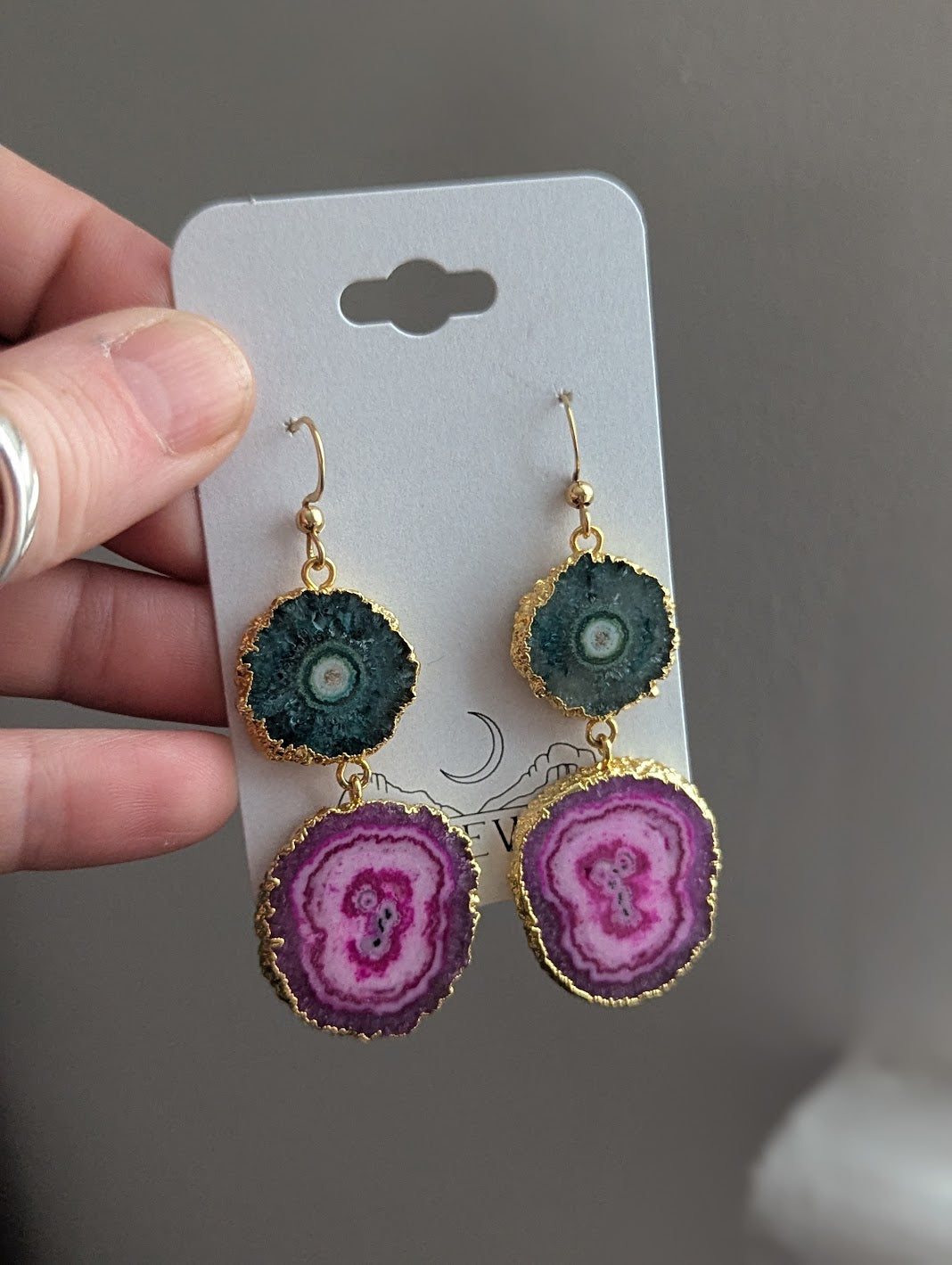 Green and Hot Pink Agate Slice Duo Gold Earrings