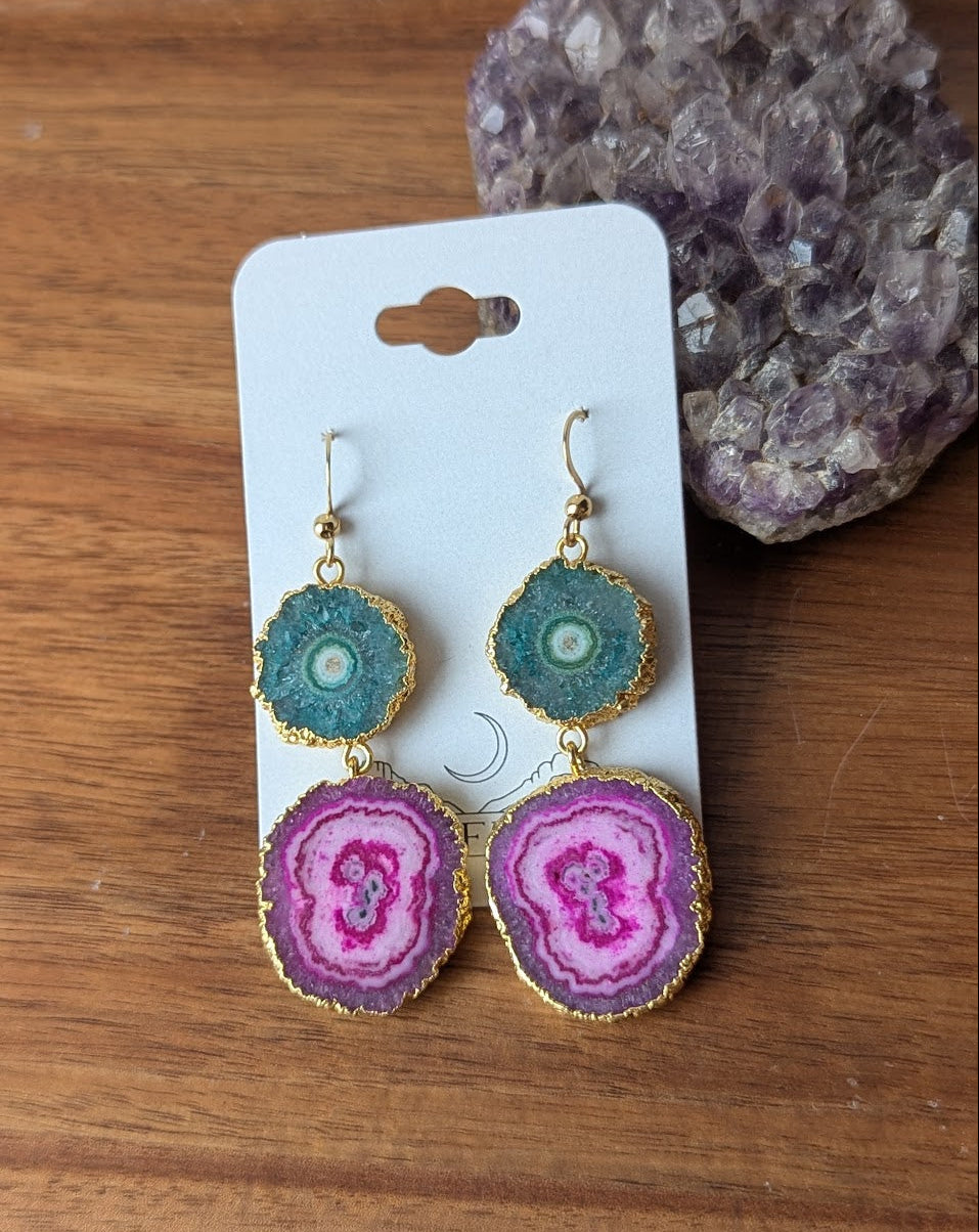 Green and Hot Pink Agate Slice Duo Gold Earrings