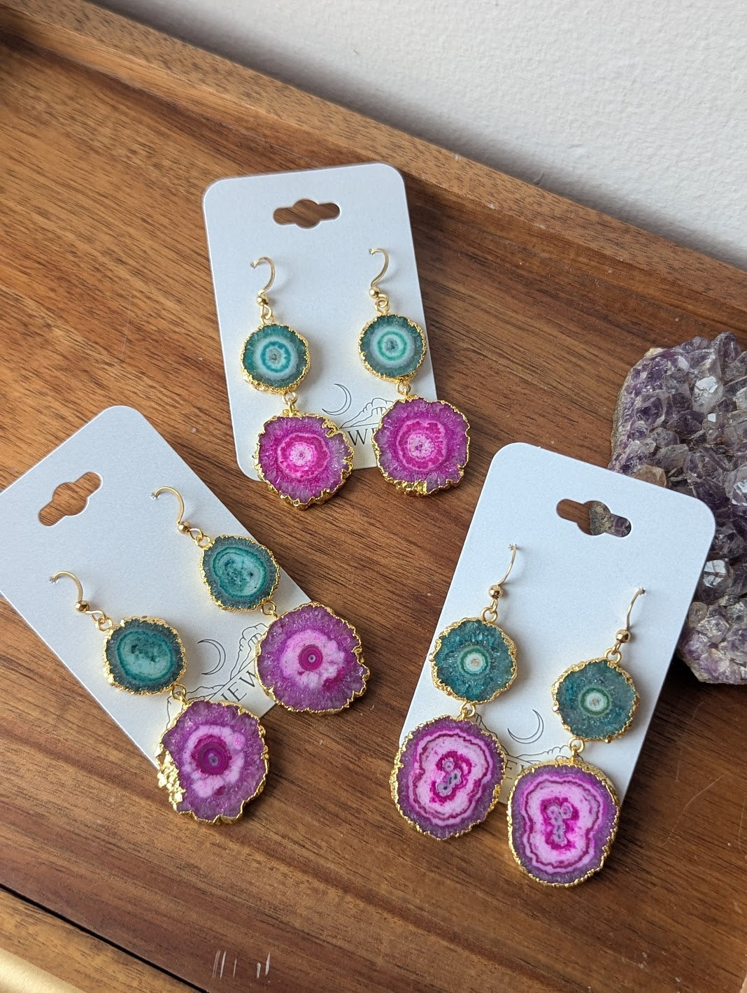 Green and Hot Pink Agate Slice Duo Gold Earrings