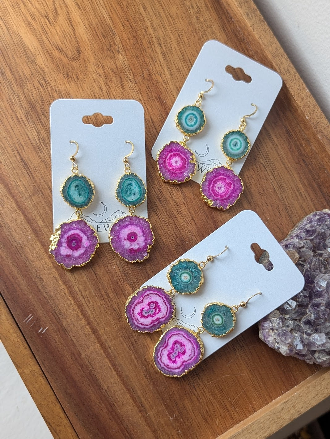 Green and Hot Pink Agate Slice Duo Gold Earrings