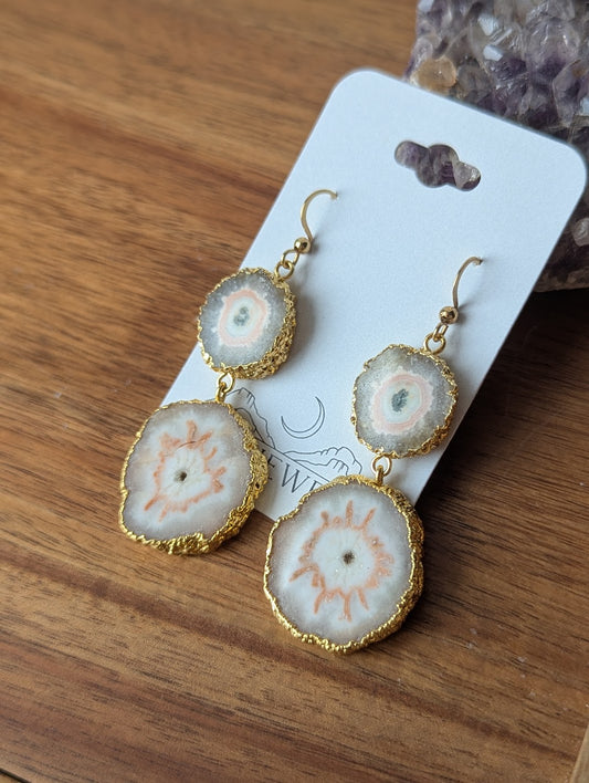 Light Pink Agate Slice Duo Gold Earrings