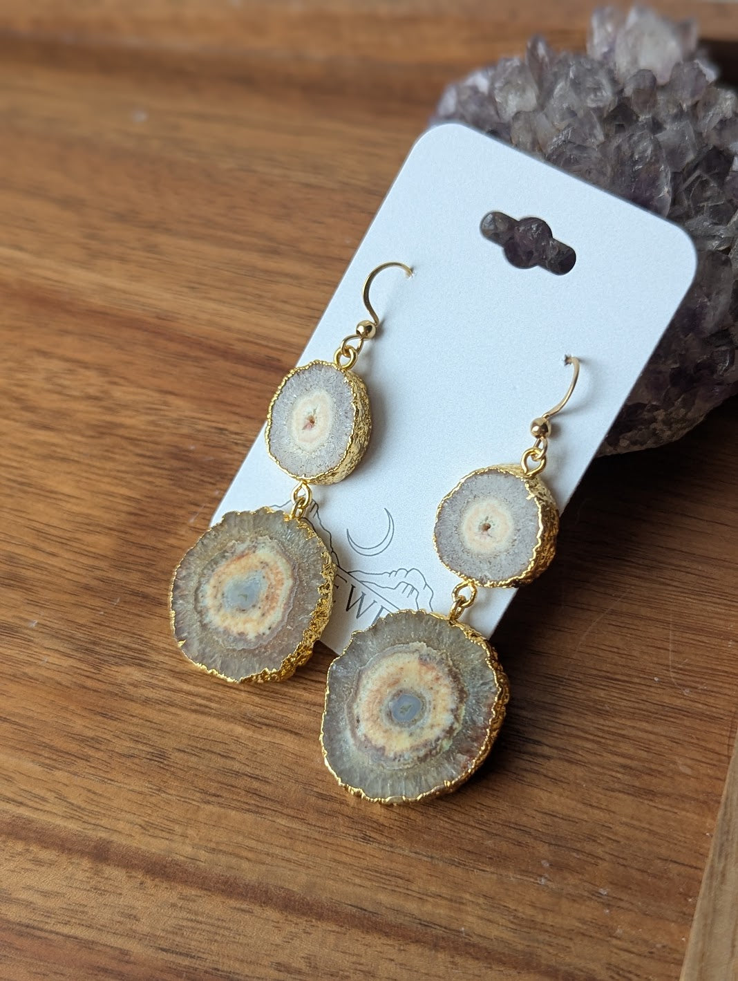 Yellow Agate Slice Duo Gold Earrings