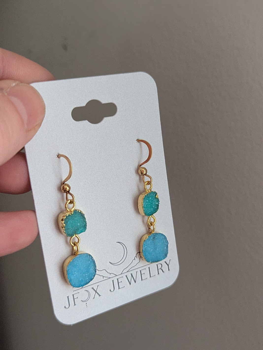 Blue and Green Druzy Duo Gold Earrings