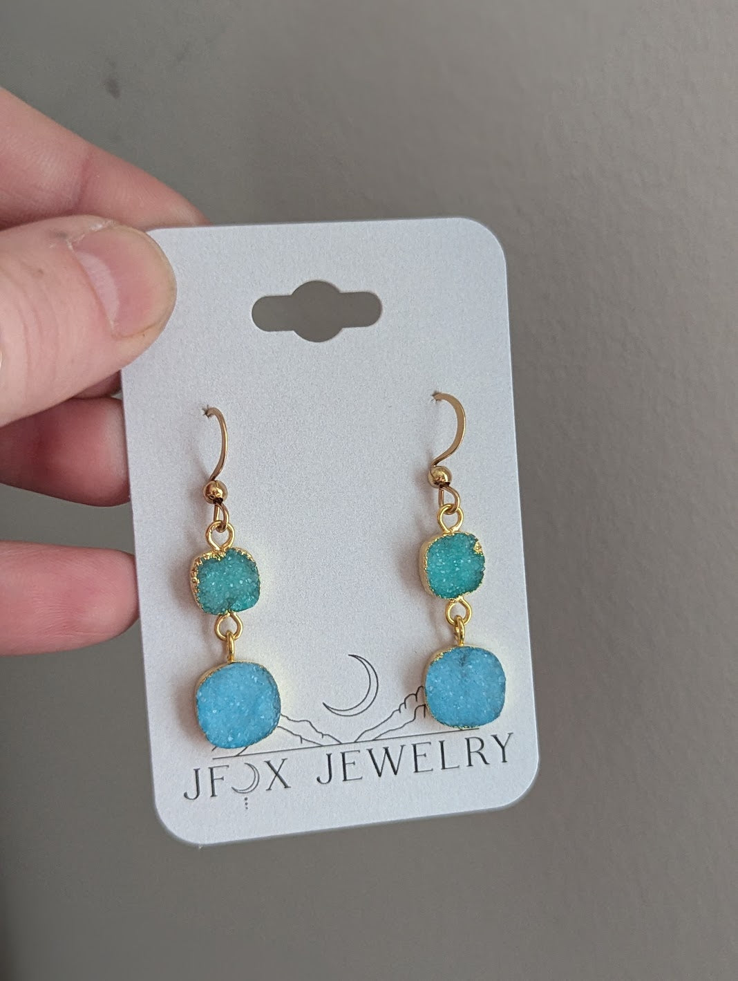 Blue and Green Druzy Duo Gold Earrings