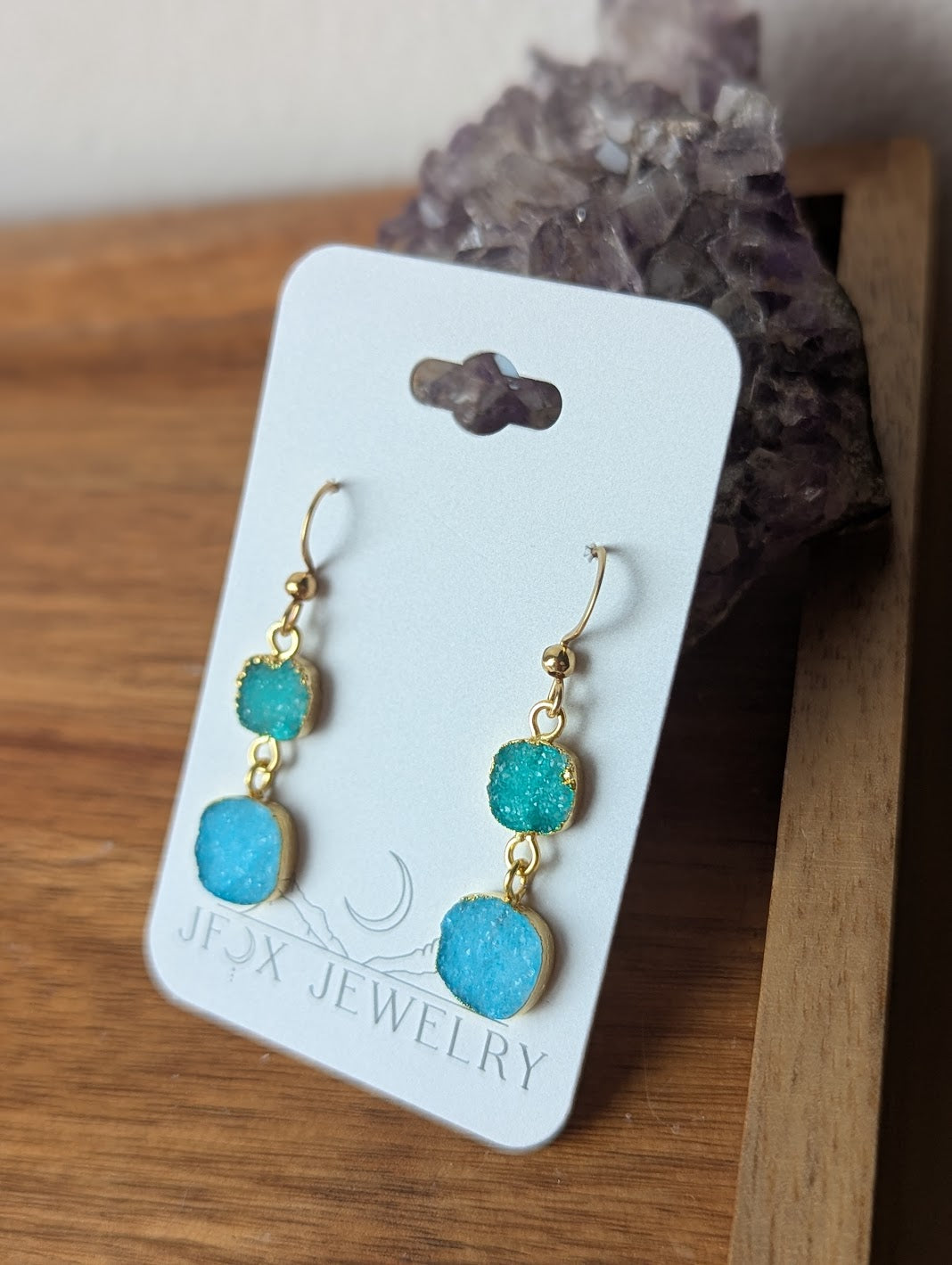 Blue and Green Druzy Duo Gold Earrings