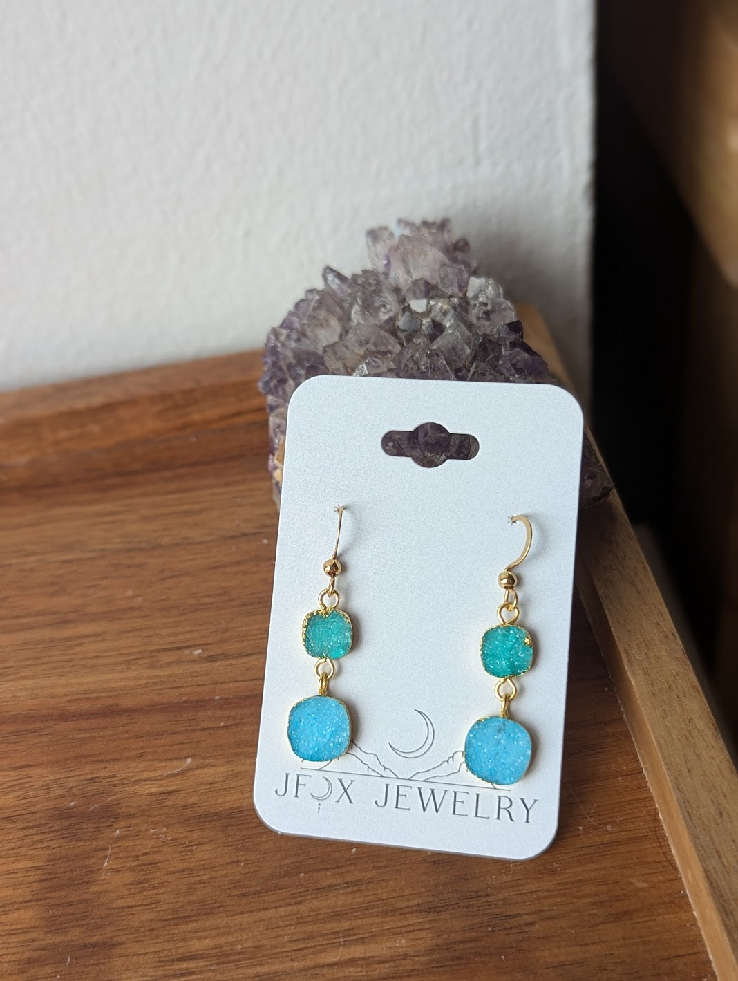 Blue and Green Druzy Duo Gold Earrings