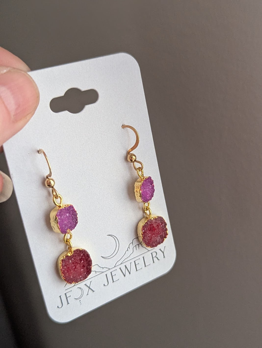 Red and Pink Druzy Duo Gold Earrings