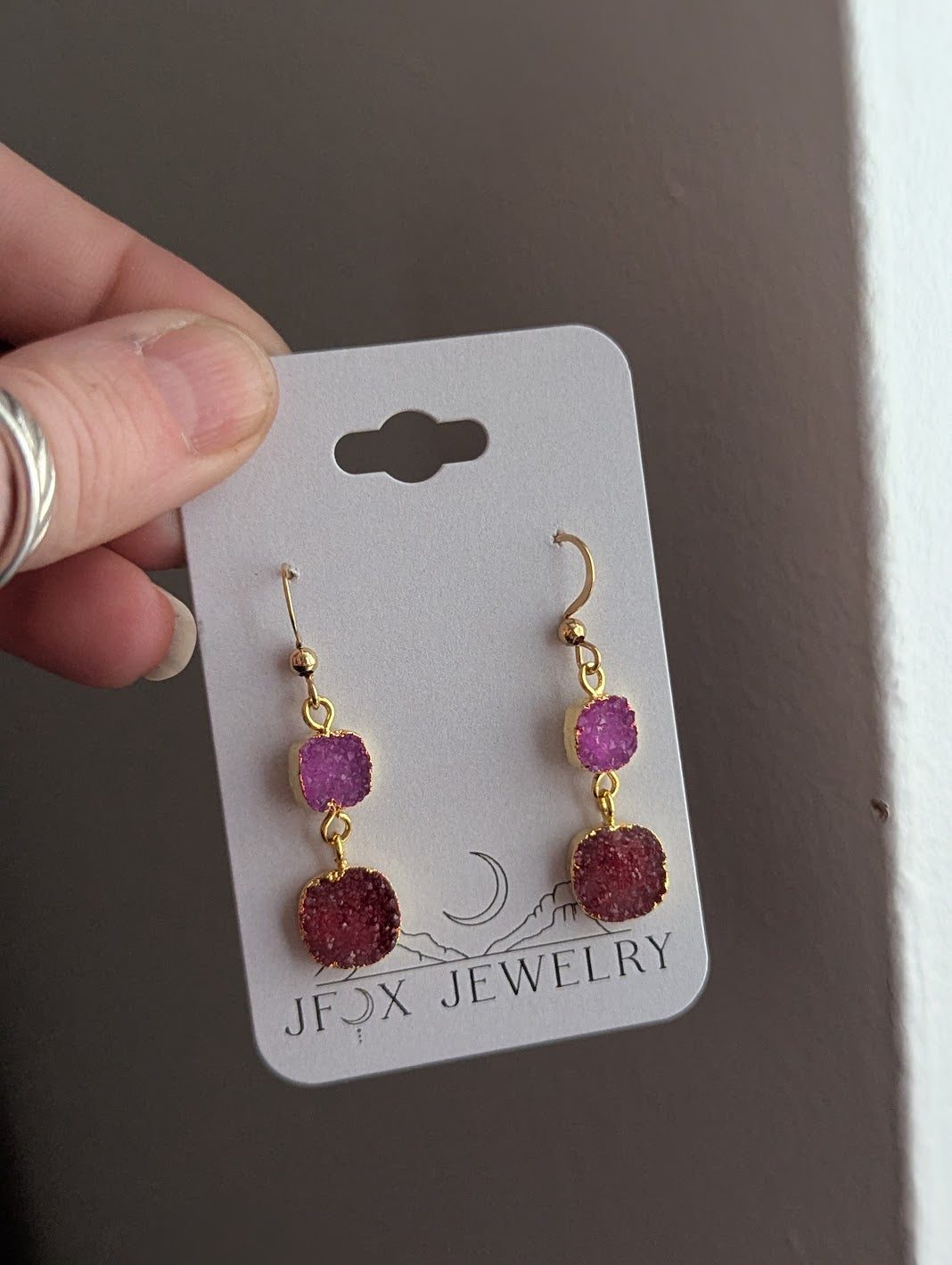 Red and Pink Druzy Duo Gold Earrings