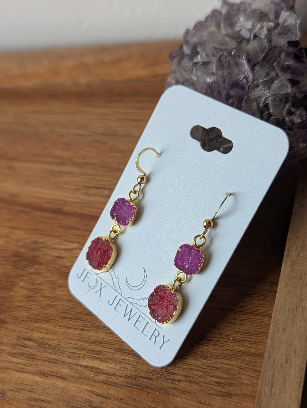 Red and Pink Druzy Duo Gold Earrings