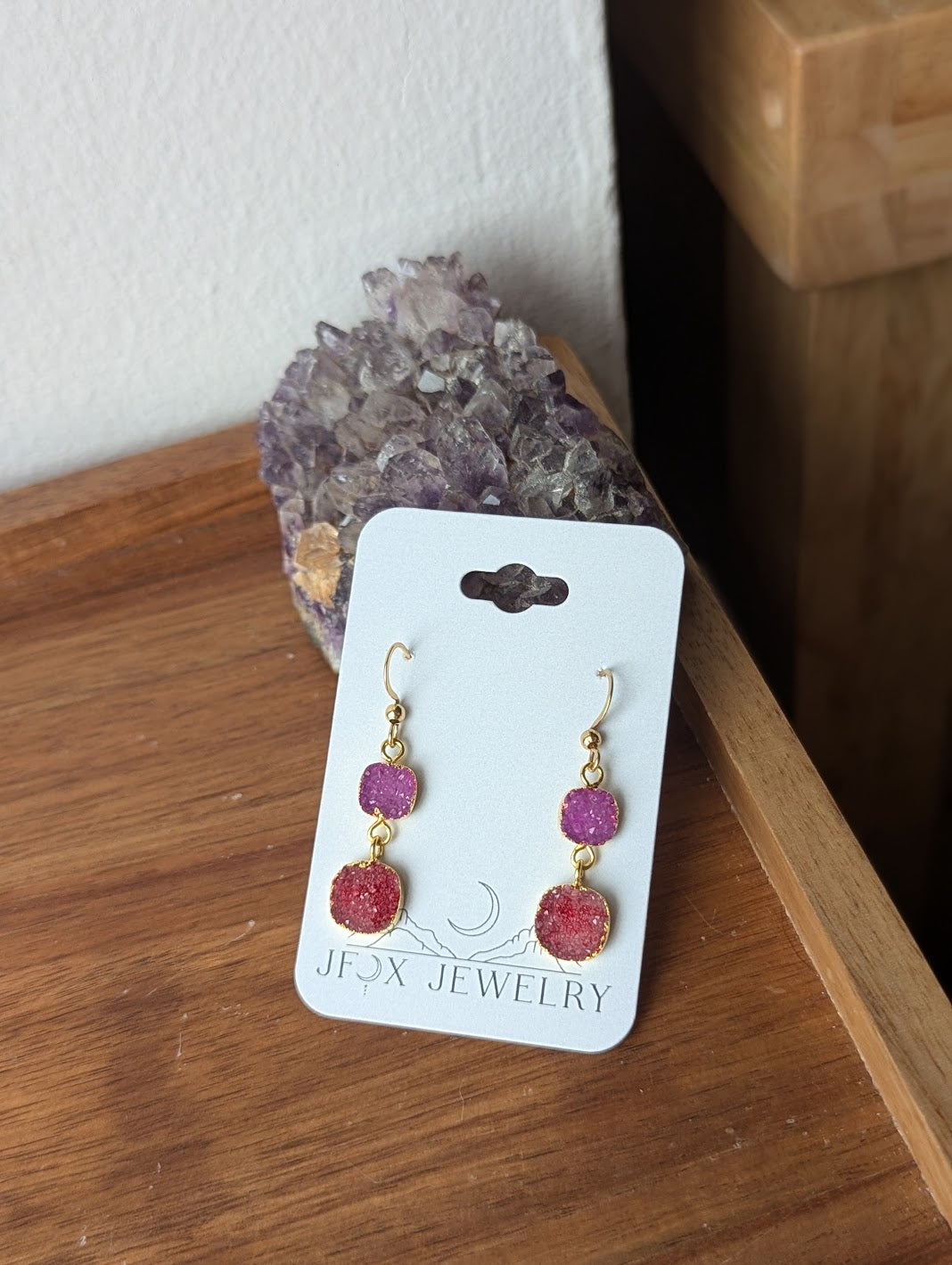 Red and Pink Druzy Duo Gold Earrings