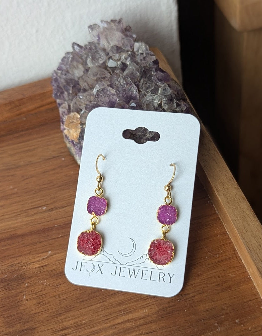 Red and Pink Druzy Duo Gold Earrings