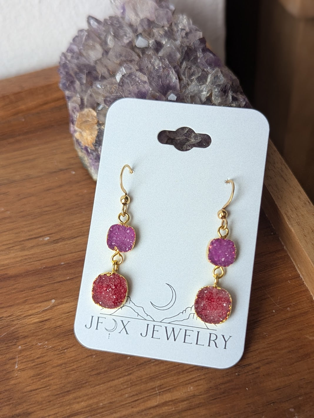 Red and Pink Druzy Duo Gold Earrings