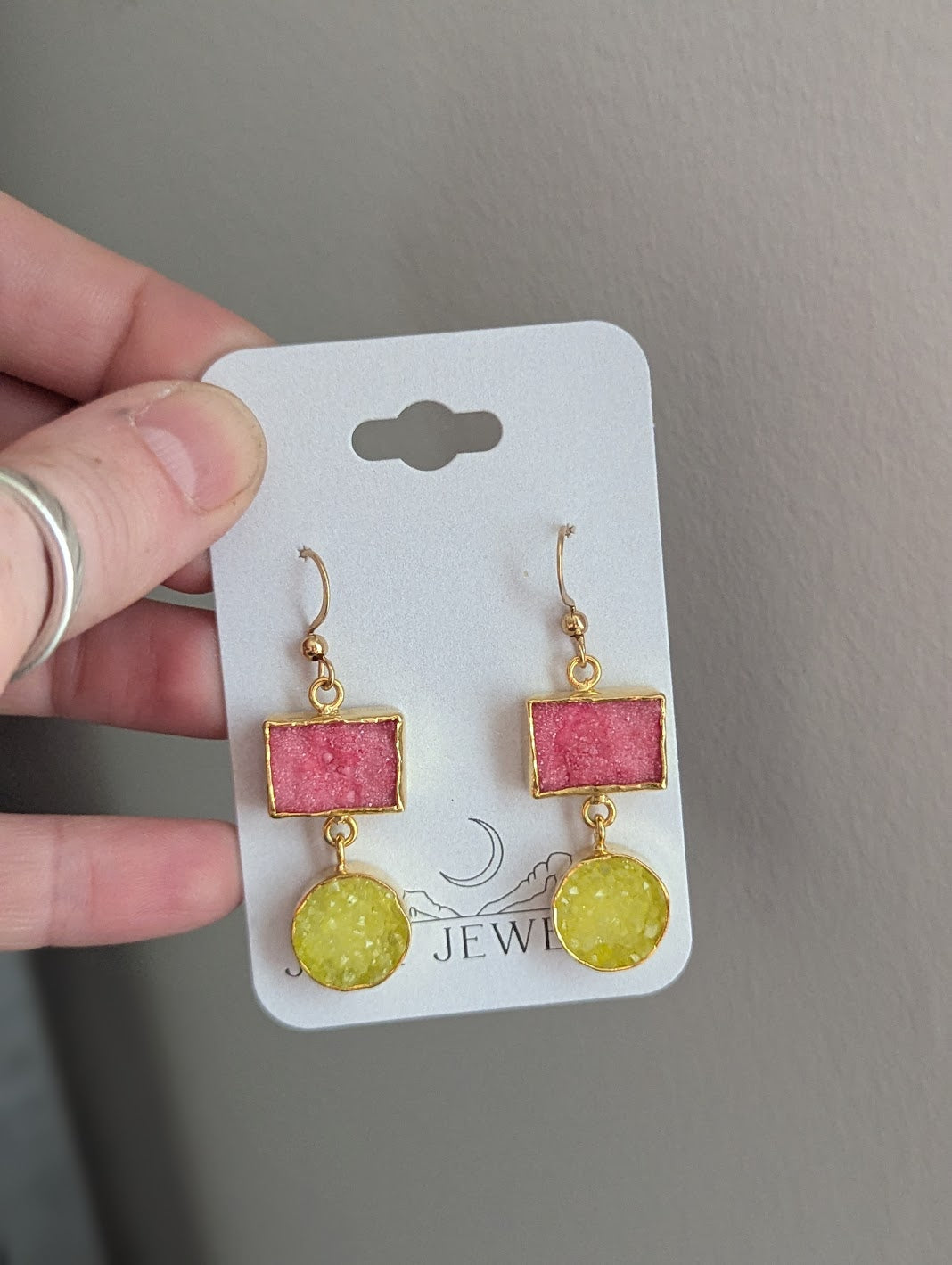 Pink and Yellow Druzy Duo Earrings